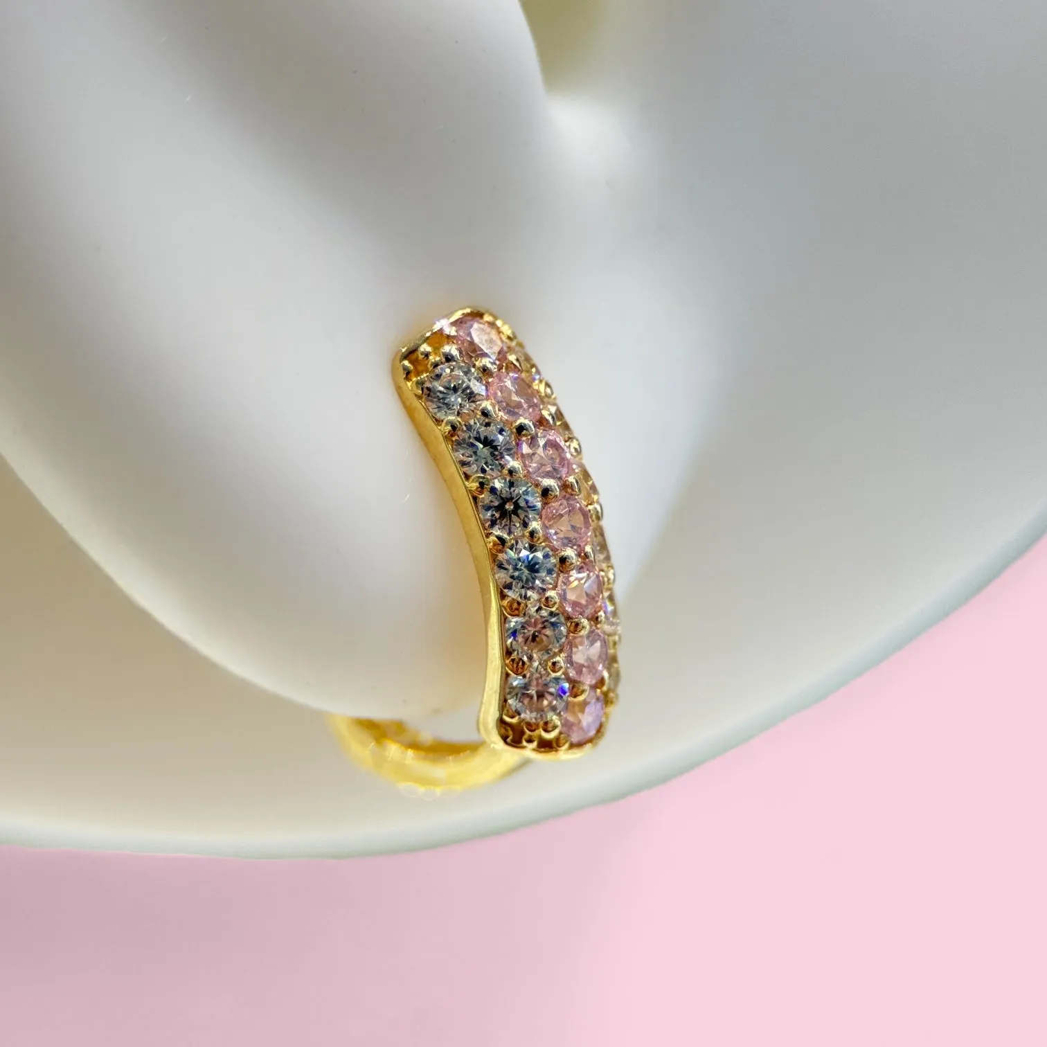 14k Gold Huggie Earrings with Pink and Clear CZ Stones
