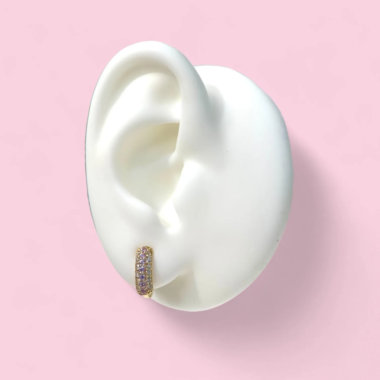 14k Gold Huggie Earrings with Pink and Clear CZ Stones