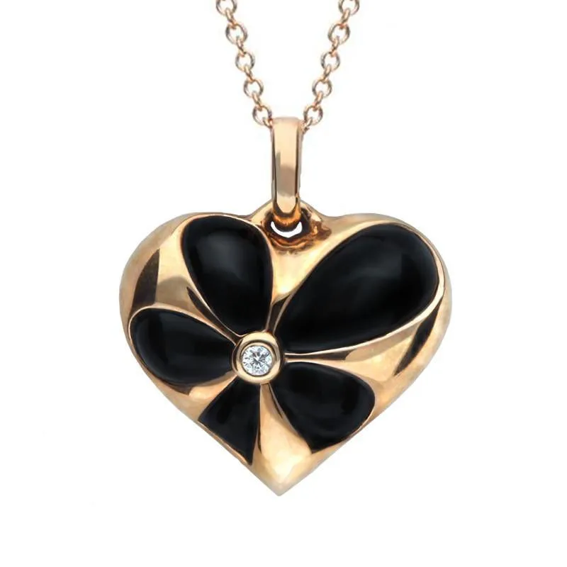 18ct Rose Gold Whitby Jet Diamond Medium Flower Heart Two Piece Set D