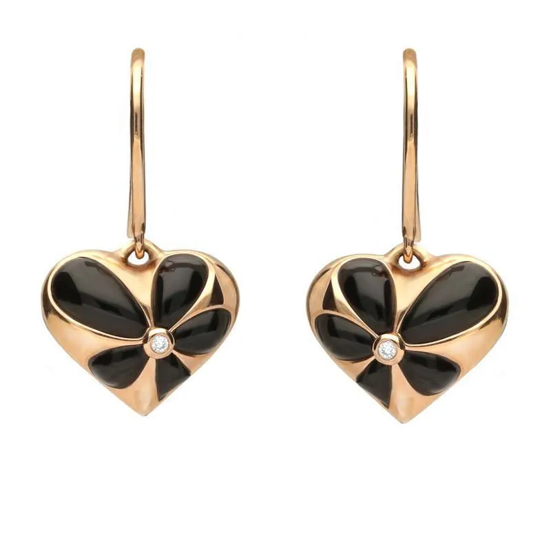 18ct Rose Gold Whitby Jet Diamond Medium Flower Heart Two Piece Set D