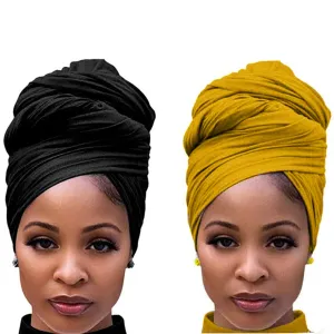 2 Packs Large Head Wraps for Women Black Head Scarf Headband Turbans for Women Hairband (Black, Turmeric)