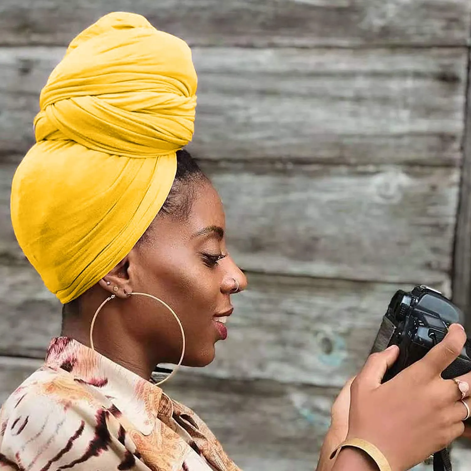 2 Packs Large Head Wraps for Women Black Head Scarf Headband Turbans for Women Hairband (Black, Turmeric)