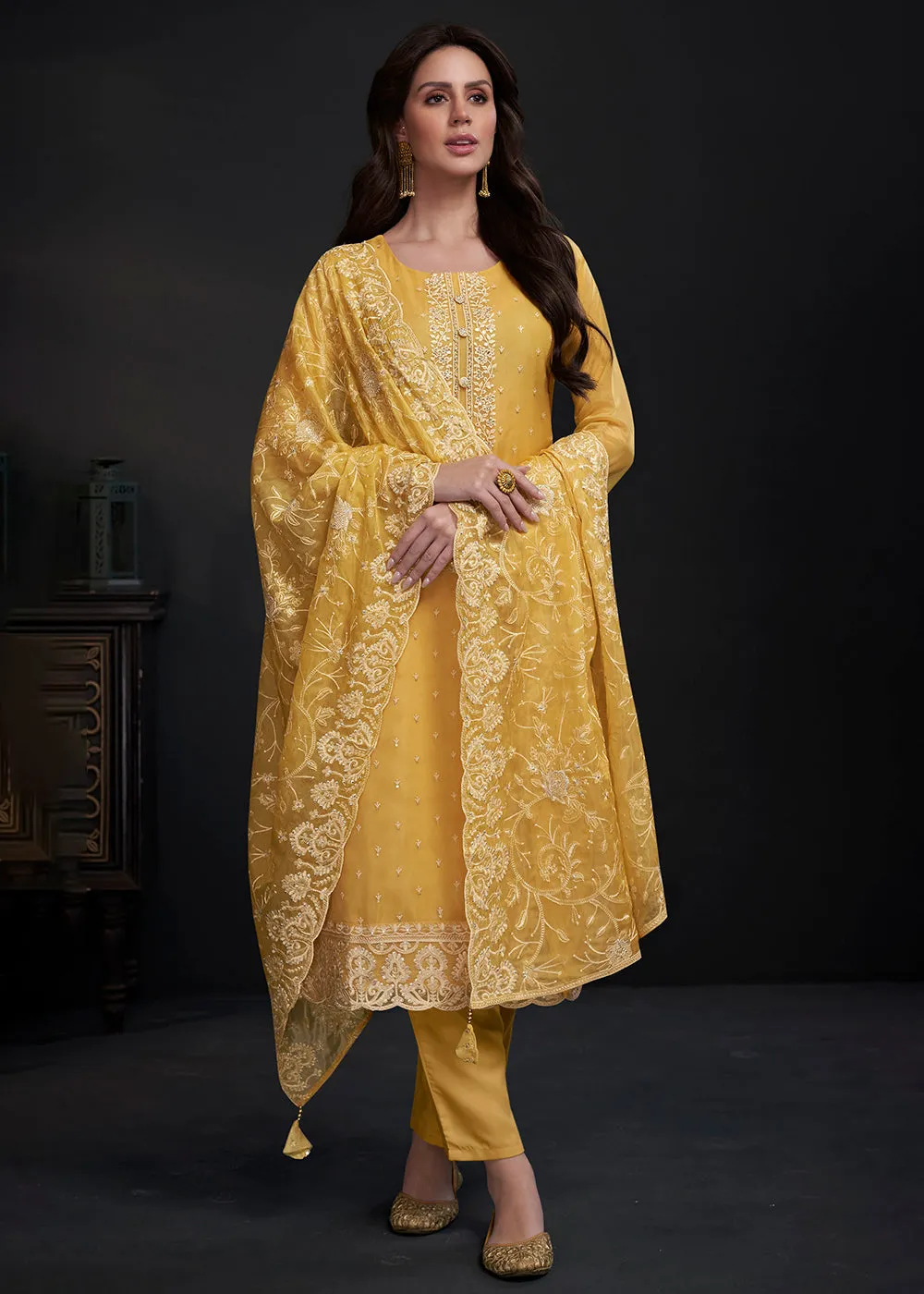 Adorning Yellow Embroidered Organza Festive Pant Style Suit