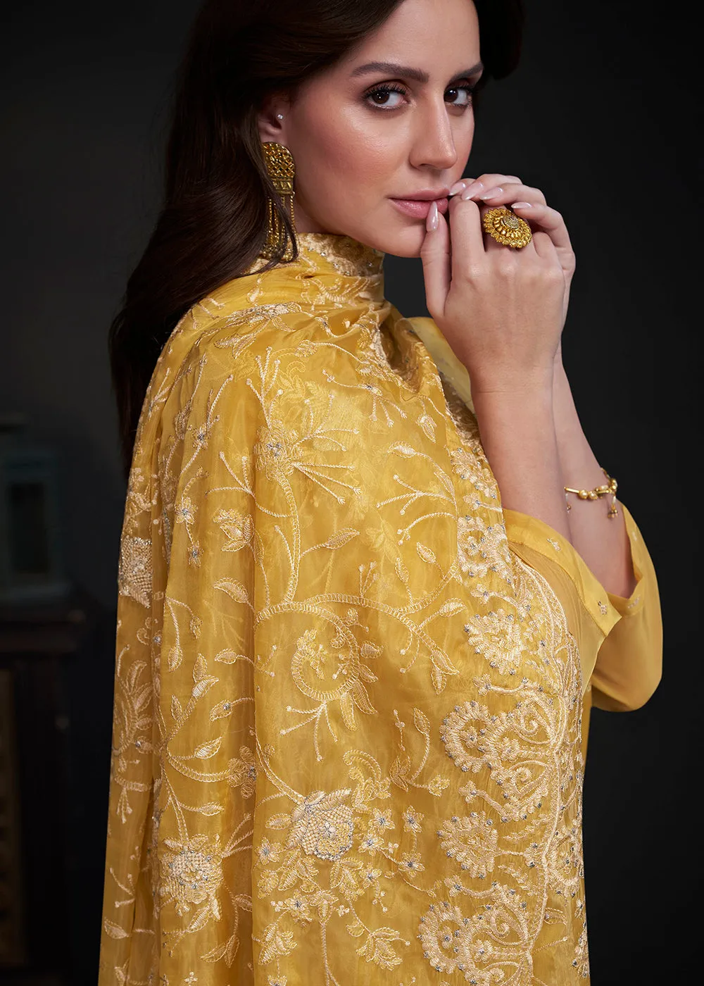 Adorning Yellow Embroidered Organza Festive Pant Style Suit