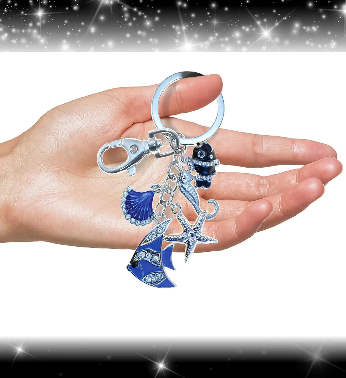 Aqua79 Beach Shells Collection Keychain - Silver 3D Sparkling Charm Rhinestones Fashionable Stylish Metal Alloy Durable Keyring Bling Crystal Jewelry Accessory, Clasp Keychain, Bag, Purse, Backpack