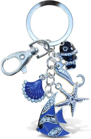 Aqua79 Beach Shells Collection Keychain - Silver 3D Sparkling Charm Rhinestones Fashionable Stylish Metal Alloy Durable Keyring Bling Crystal Jewelry Accessory, Clasp Keychain, Bag, Purse, Backpack