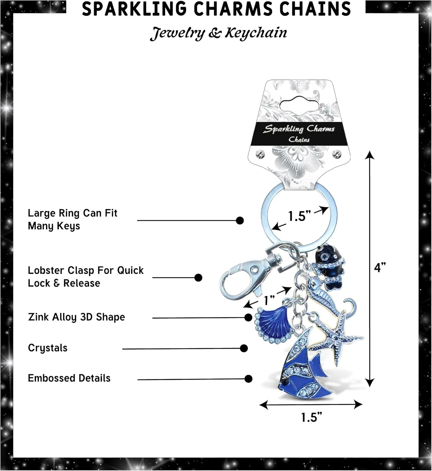 Aqua79 Beach Shells Collection Keychain - Silver 3D Sparkling Charm Rhinestones Fashionable Stylish Metal Alloy Durable Keyring Bling Crystal Jewelry Accessory, Clasp Keychain, Bag, Purse, Backpack