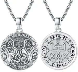 Archangel Saint Raphael Necklace 925 Sterling Silver St Raphael the Archangel Medal Necklace Christian Pendant Sigil Amulet Protector Jewelry for Men