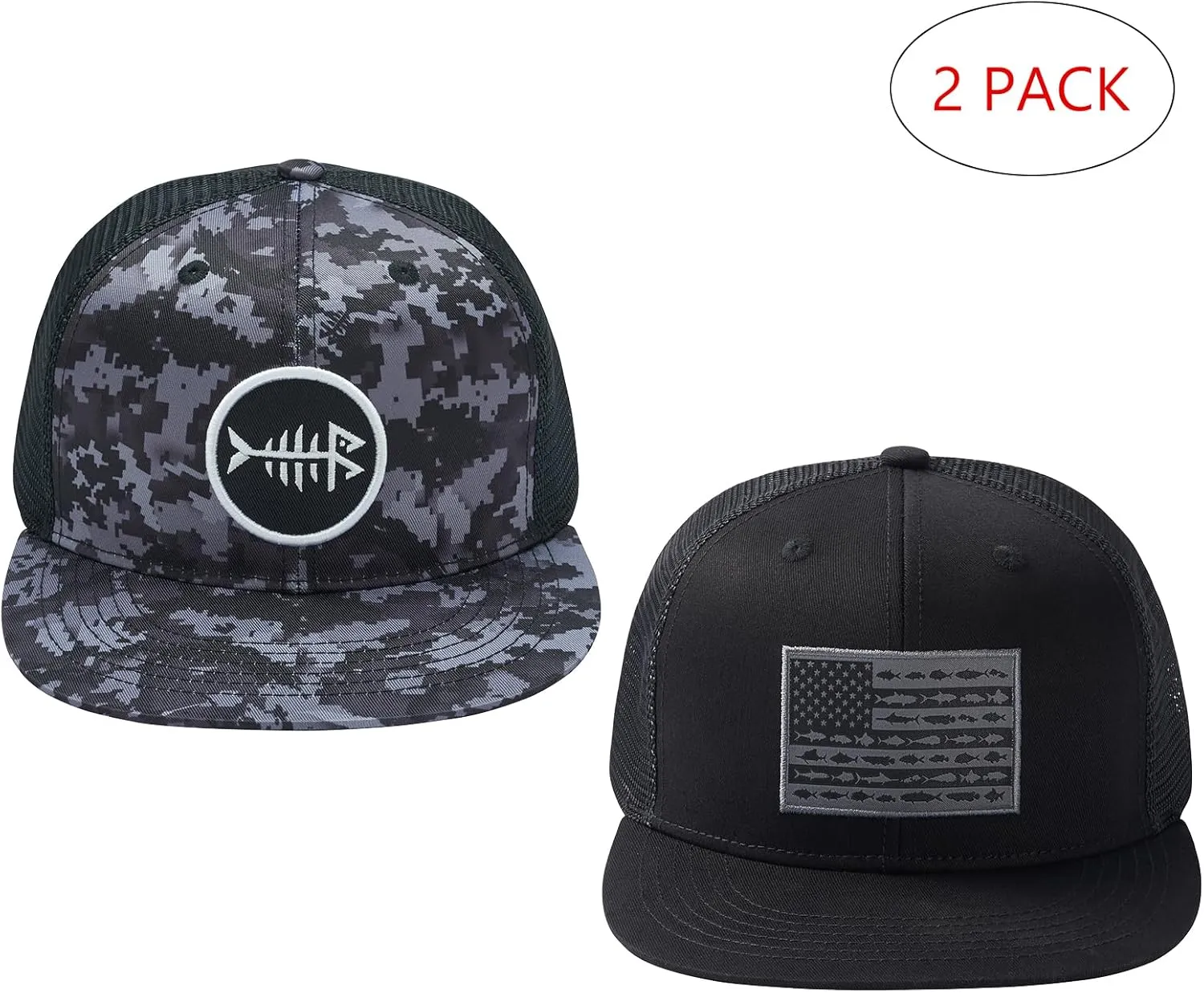 BASSDASH 2 Pack Flat Brim Trucker Cap Adjustable Snapback Hat Mesh Back for Men Women Fishing Hunting