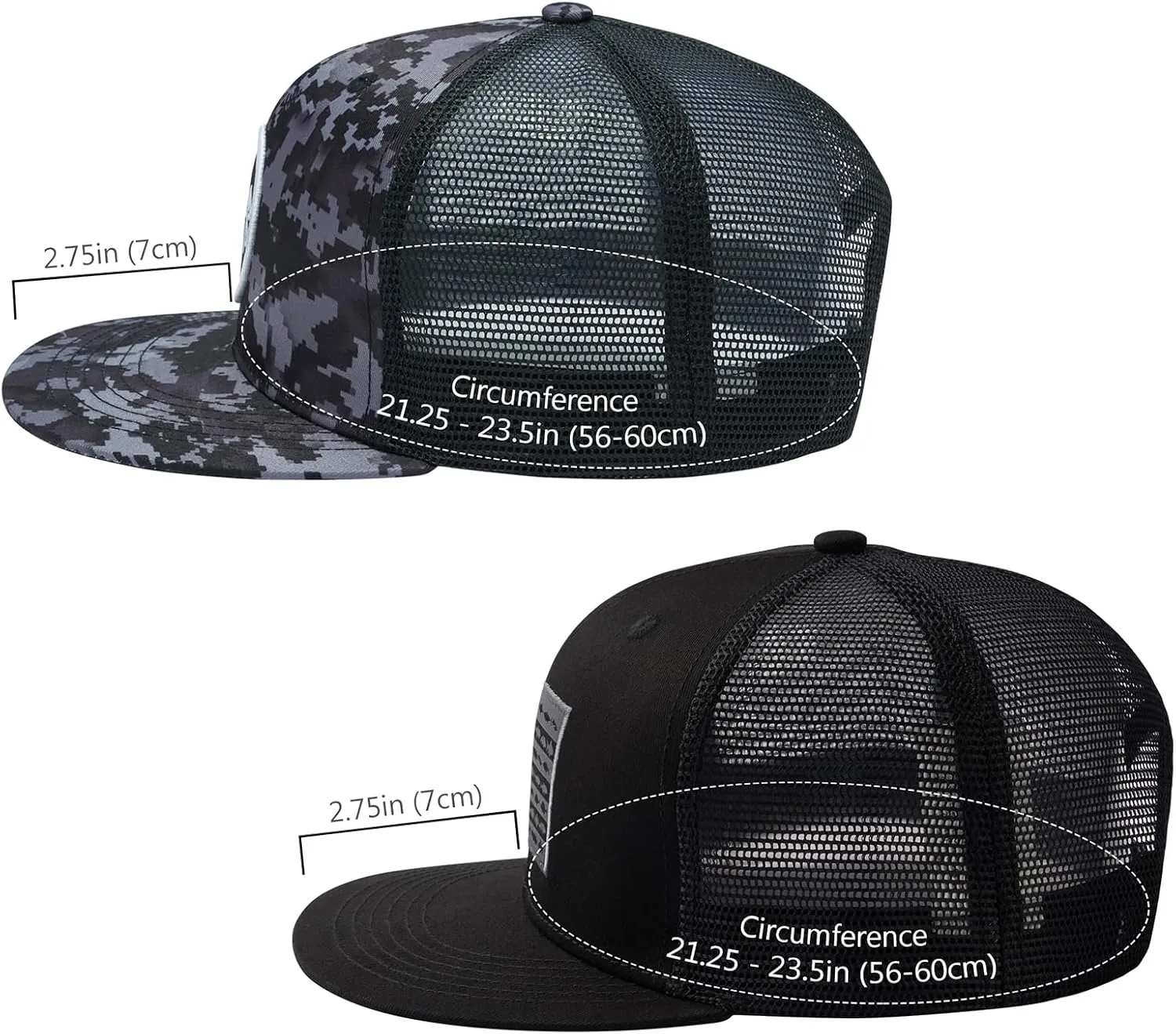 BASSDASH 2 Pack Flat Brim Trucker Cap Adjustable Snapback Hat Mesh Back for Men Women Fishing Hunting