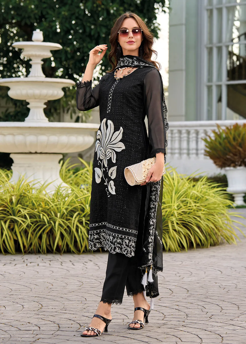 Black Heavy Organza GPU Lace Work Pant Style Salwar Suit