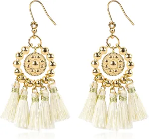 Bohemian Dangle Tassel Earrings for Women 14K Gold Plated Tassel Gold Ball Beads Hoop Fringe Chandelier Earrings Beaded Circle Hoop Boho Statement Earrings Handmade Party Jewelry Gift for Teen, Beige