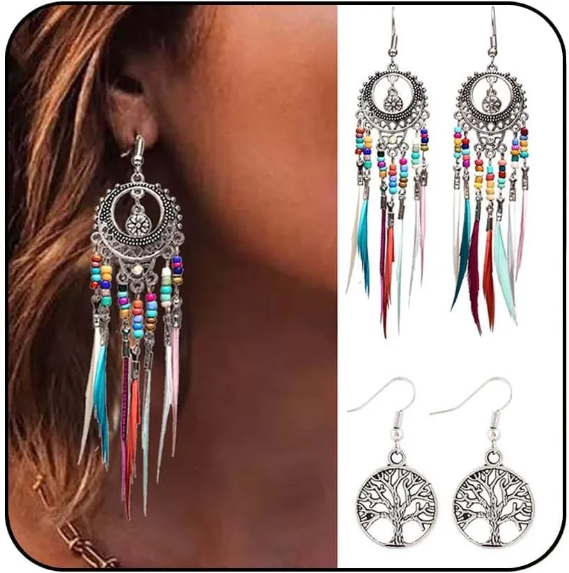 Bohemian Earrings Set Tree of Life Feather Tassel Earrings Silver Hippie Gypsy Dangle Earring Bead Women Jewelry for Birthday Party Gifts