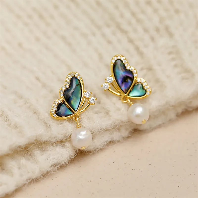 Buddha Stones 18K Gold Plated Copper Pearl Butterfly Love Stud Earrings