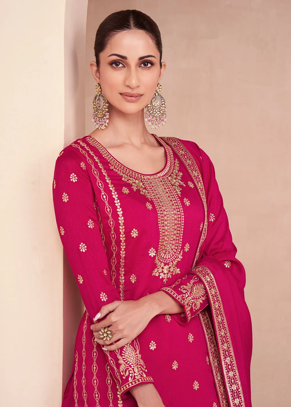 Captivating Hot Pink Zari Embroidered Palazzo Salwar Suit