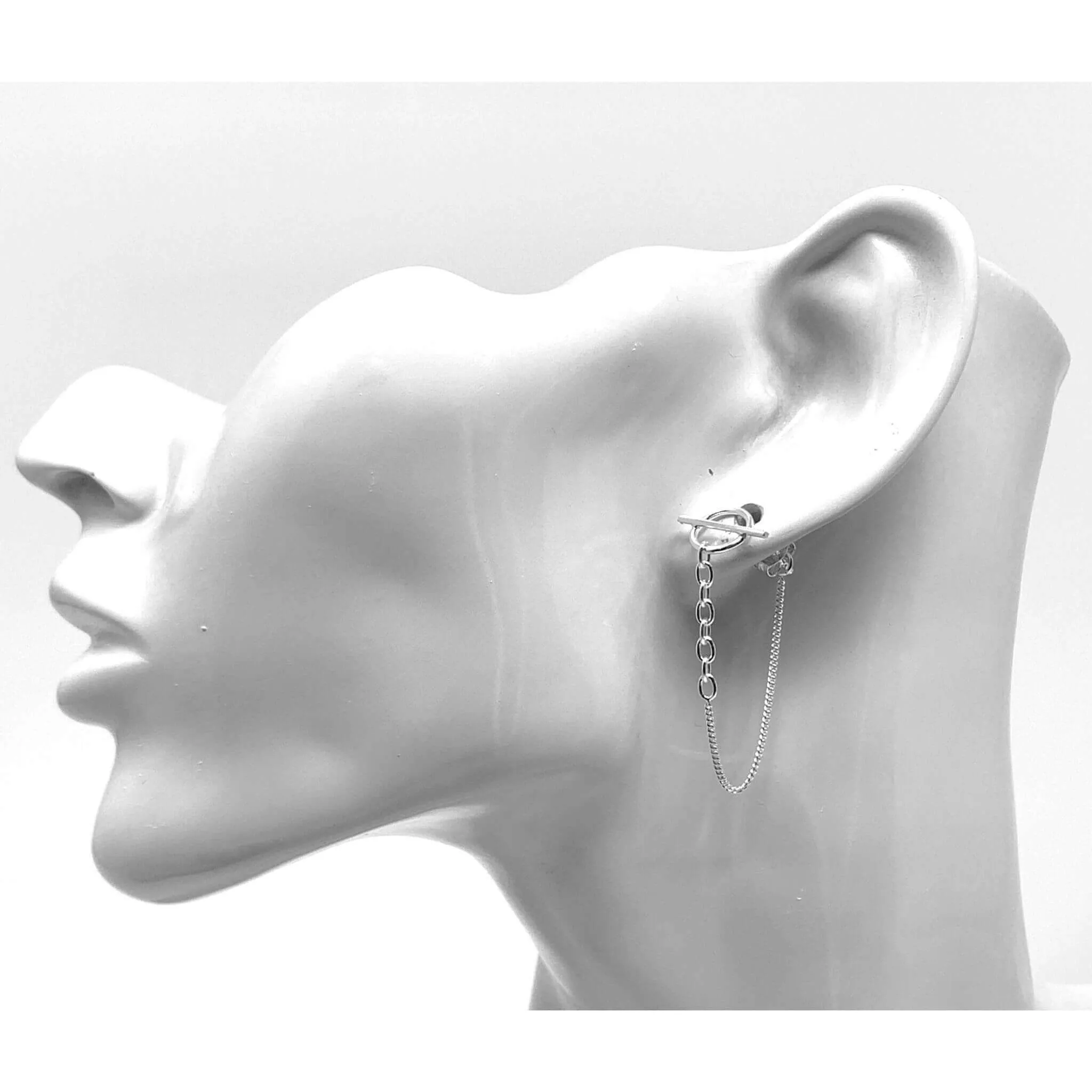 Circle Bar Chain Stud Earrings In Sterling Silver