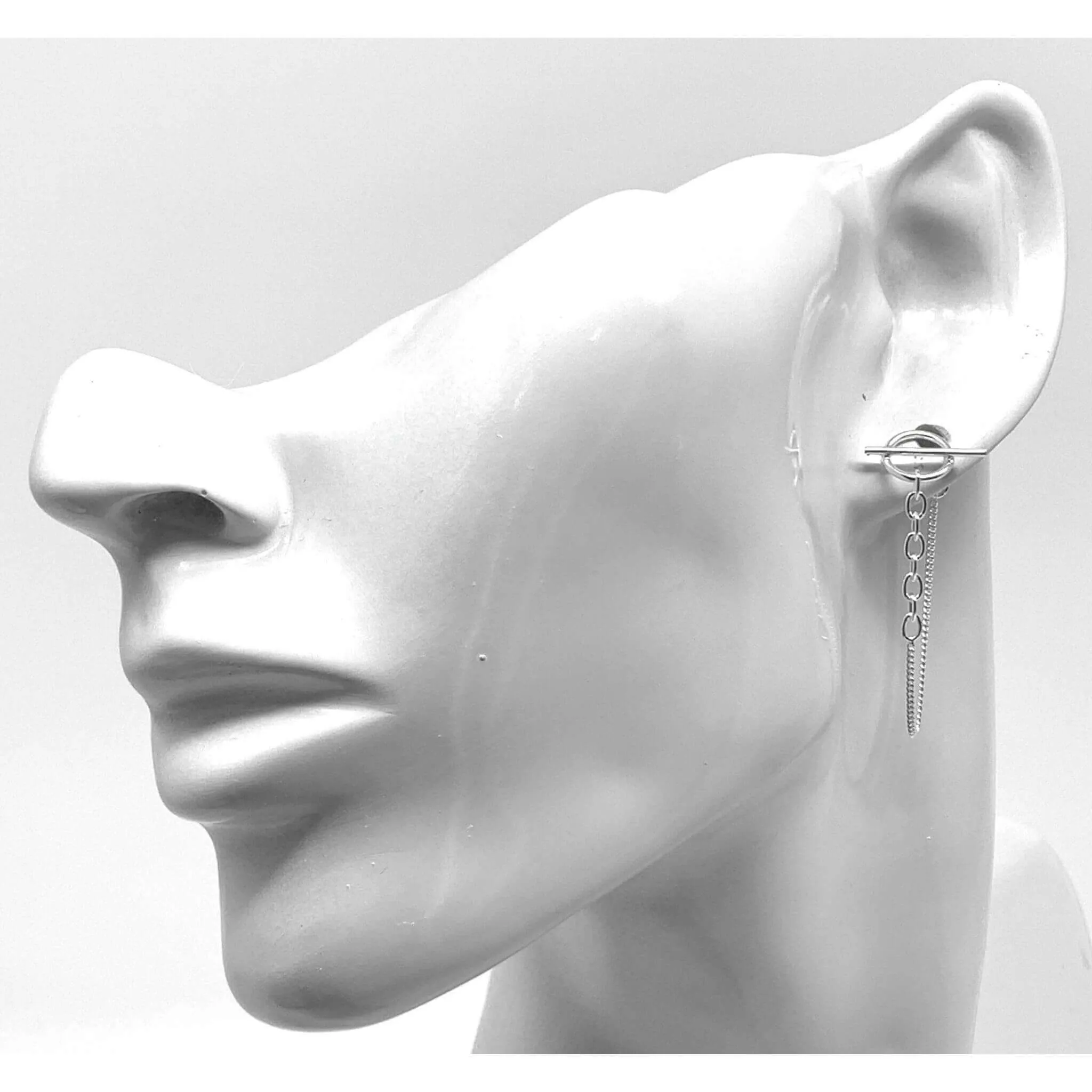 Circle Bar Chain Stud Earrings In Sterling Silver