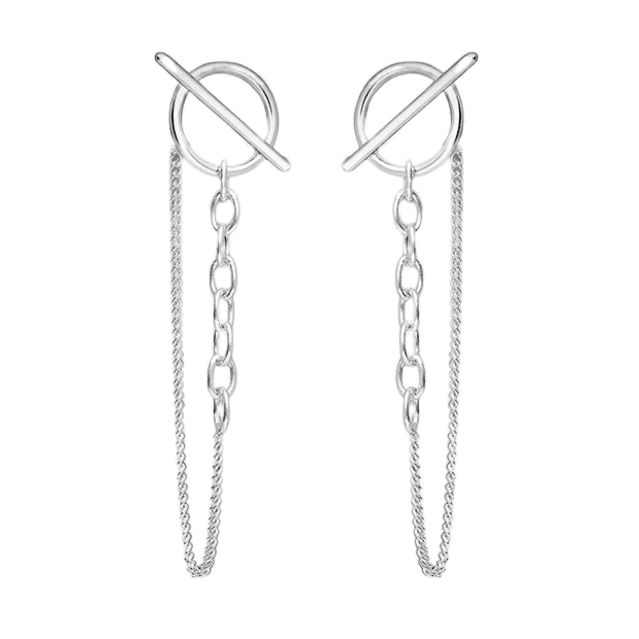 Circle Bar Chain Stud Earrings In Sterling Silver