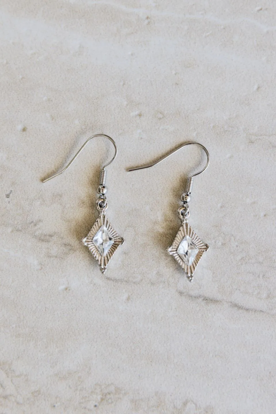 Clear Gem Diamond Shape Rhodium Earrings