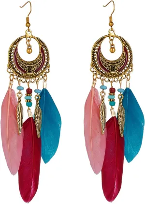 coadipress Boho Feather Earrings for Women Bohemian Fringe Tassel Long Drop Dangle Earrings Vintage Multicolor Tassel Feathers Earrings Handmade Natural Feather Earring Jewelry