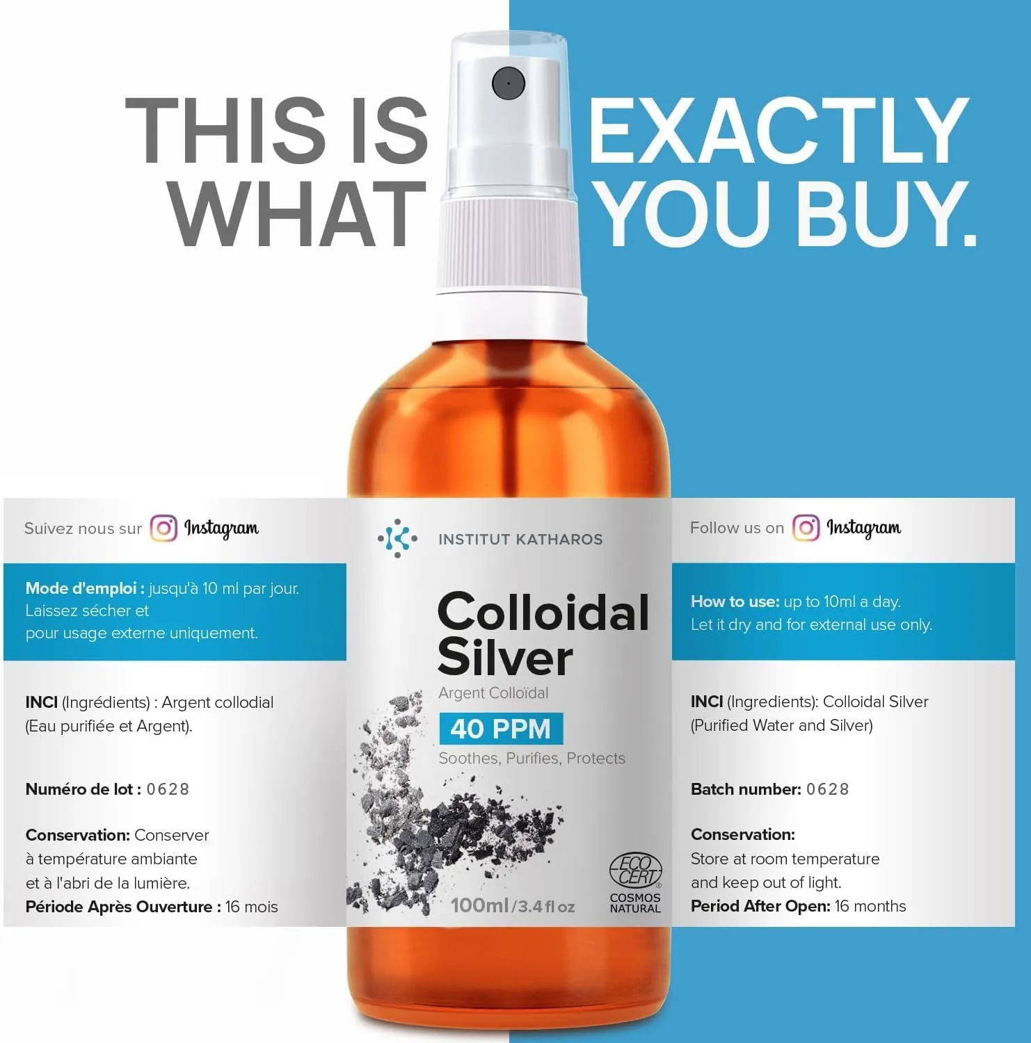 Colloidal Silver Liquid 3.4 fl oz Spray  Bioactive Hydrosol Silver Water  Natural Nano Sol Supplement Solution  Ionic Minerals 40 PPM  Organic Structured Colloidal Spray