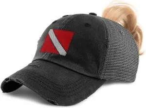 Custom Womens Ponytail Cap Sport Scuba Diving Flag Embroidery Cotton