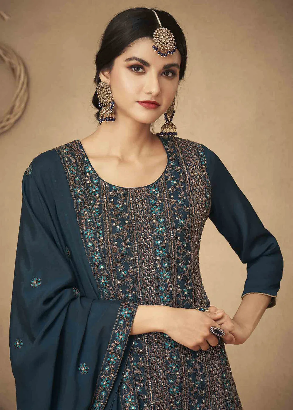 Dark Blue Cording & Swarovski Embroidered Trendy Salwar Suit