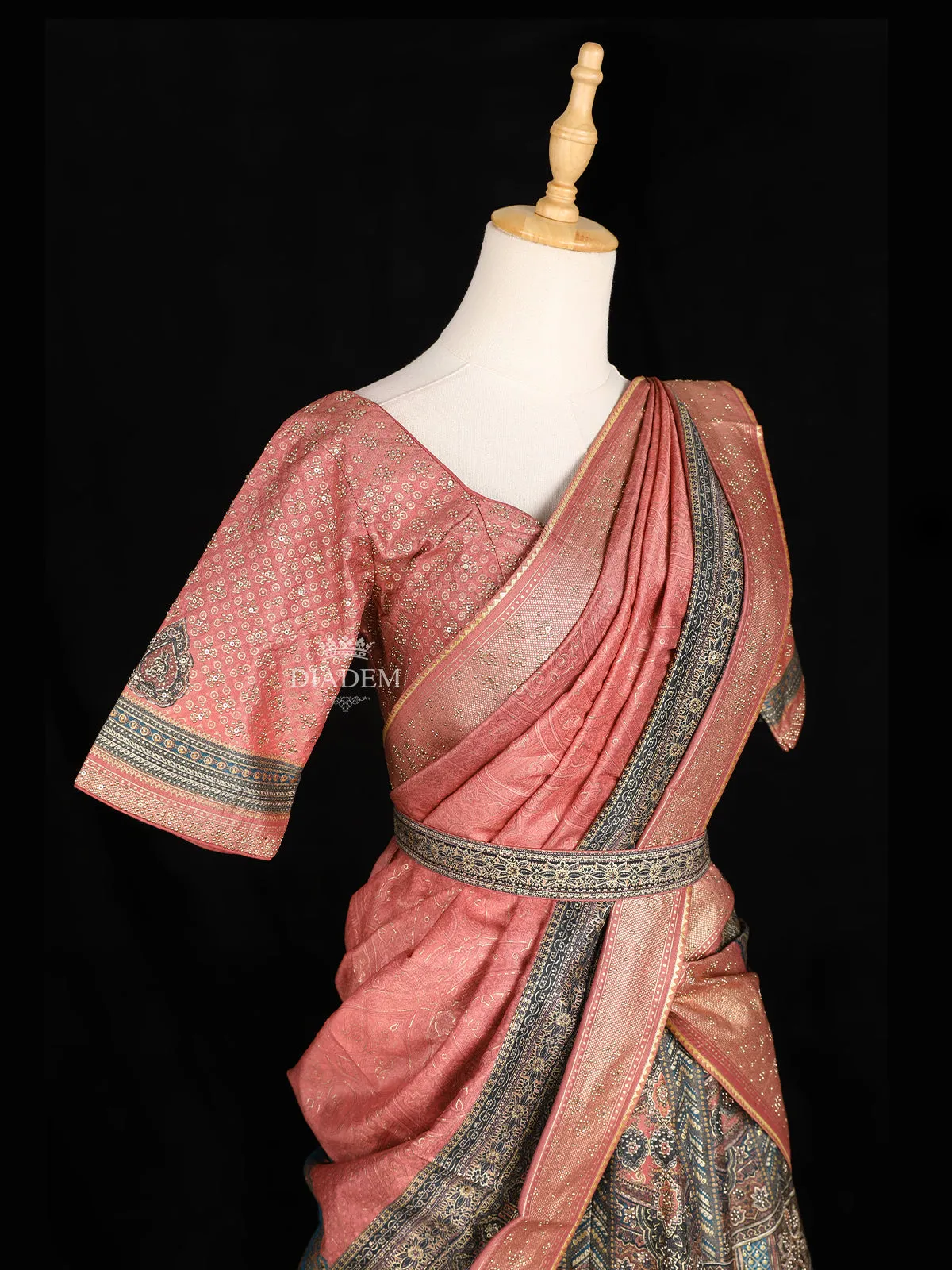 Dark Peach Lehenga Adorned with Floral Prints, with Matching Belt and Dupatta