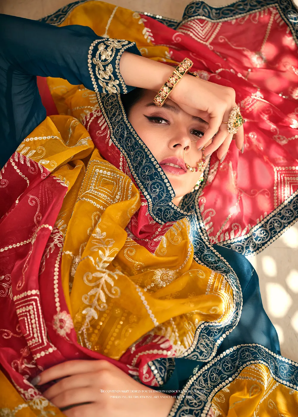 Dazzling Teal Embroidered Chinnon Palazzo Salwar Kurta