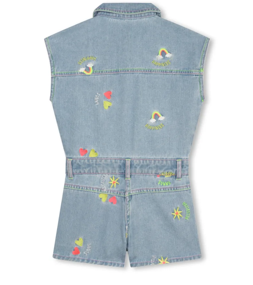 Denim Shortall with Flower Embroidery