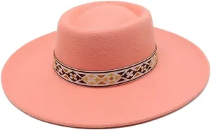 DHAEY 9.5cm Big Brim Autumn and Winter Top Hat, New Vintage National Style Woolen Felt Hat, Concave-Convex Oval Top Hat Luopan Caps & Hats (Color : Skin Pink, Size : 56-58cm)