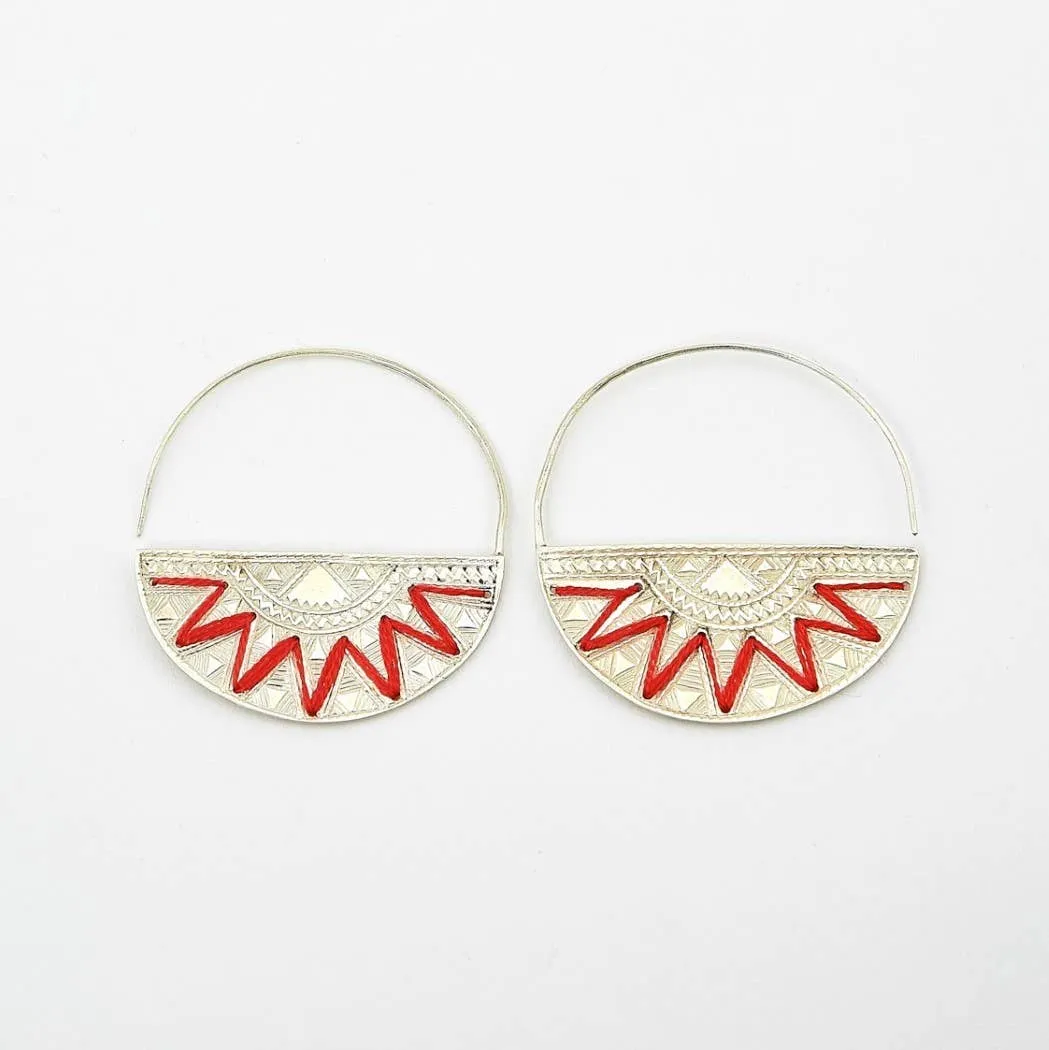 Earrings Silver Embroidered Hoop