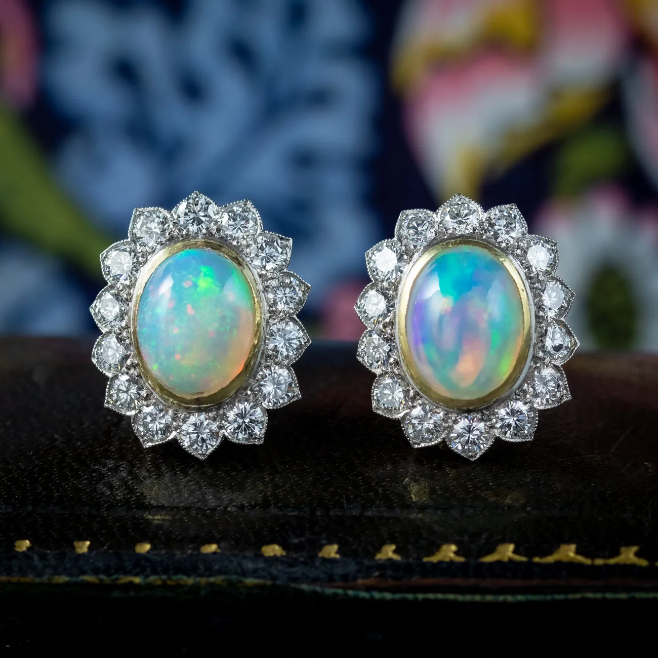 Edwardian Style Opal Diamond Cluster Clip Earrings 18ct Gold 2ct Opals