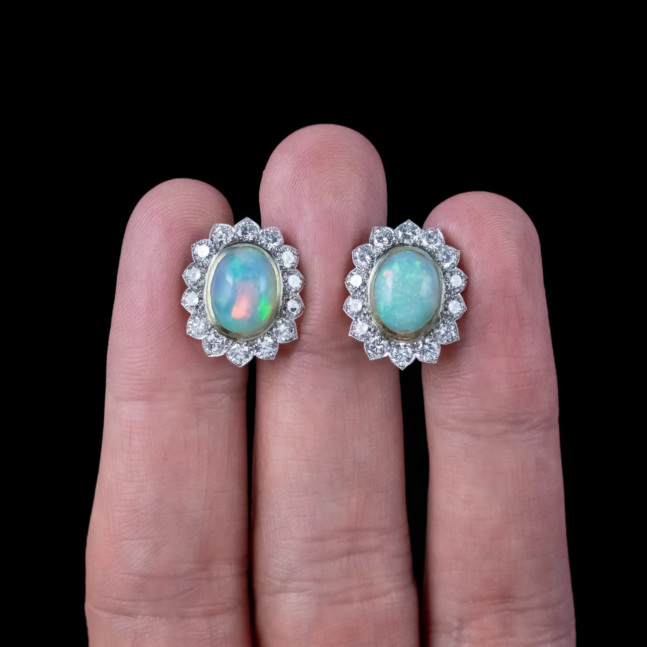Edwardian Style Opal Diamond Cluster Clip Earrings 18ct Gold 2ct Opals