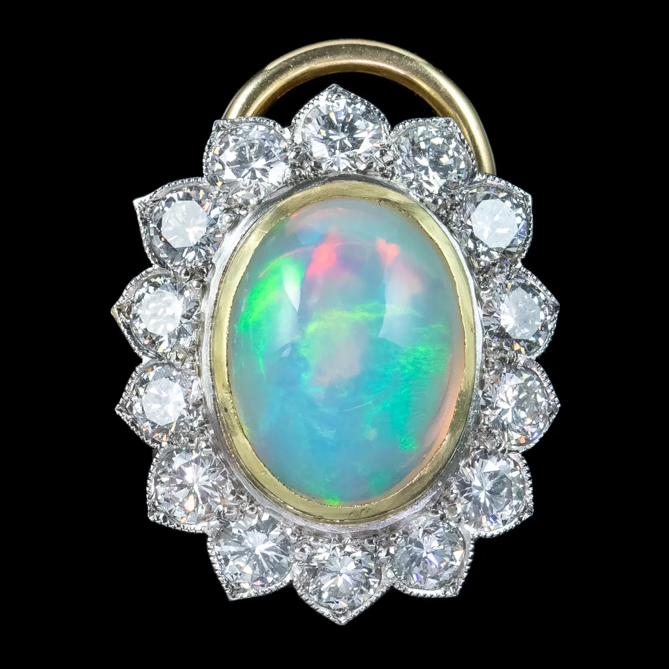 Edwardian Style Opal Diamond Cluster Clip Earrings 18ct Gold 2ct Opals