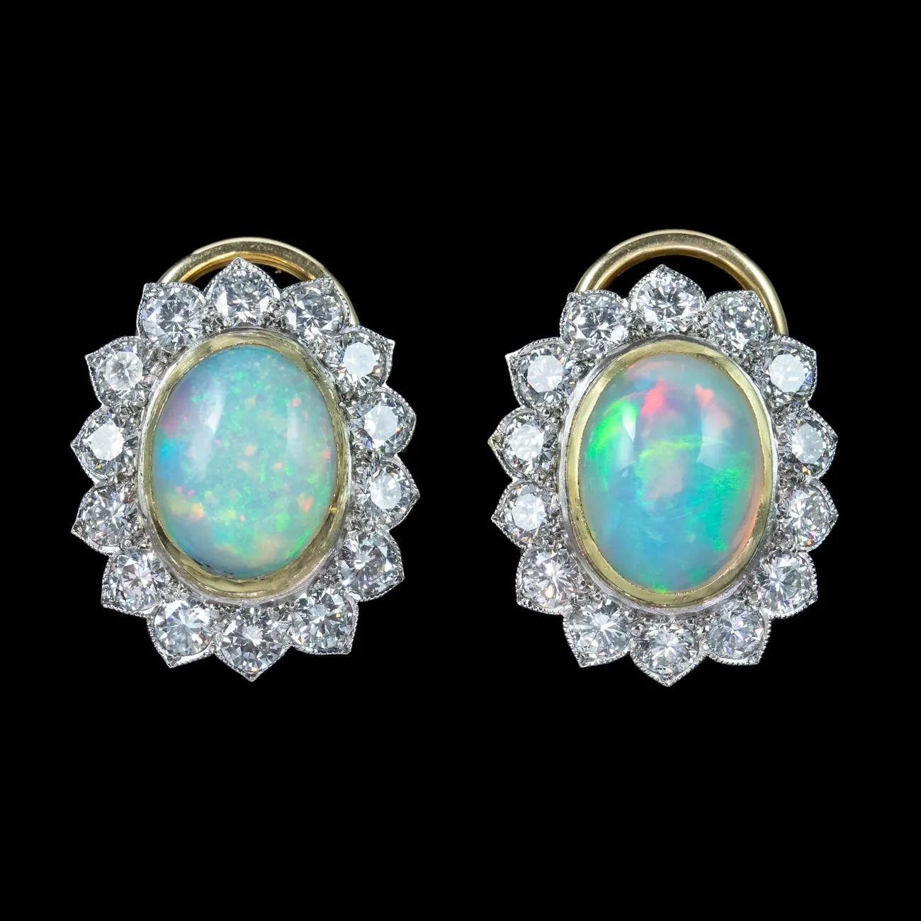 Edwardian Style Opal Diamond Cluster Clip Earrings 18ct Gold 2ct Opals