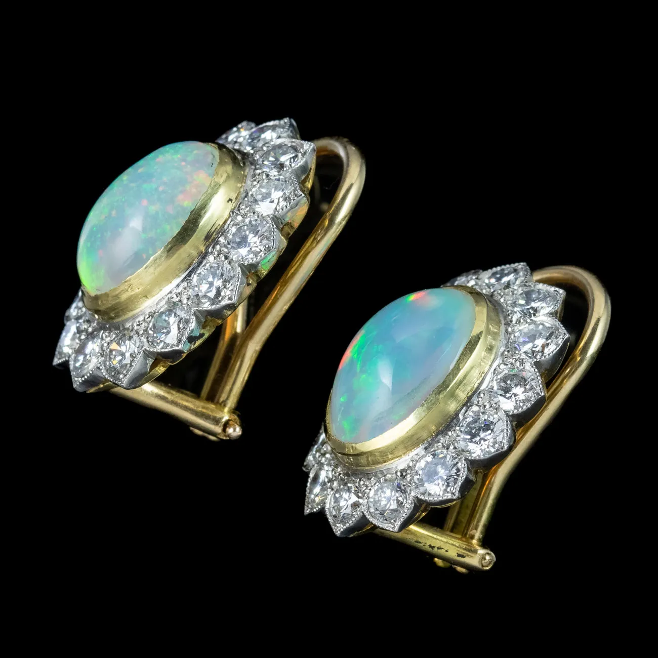 Edwardian Style Opal Diamond Cluster Clip Earrings 18ct Gold 2ct Opals