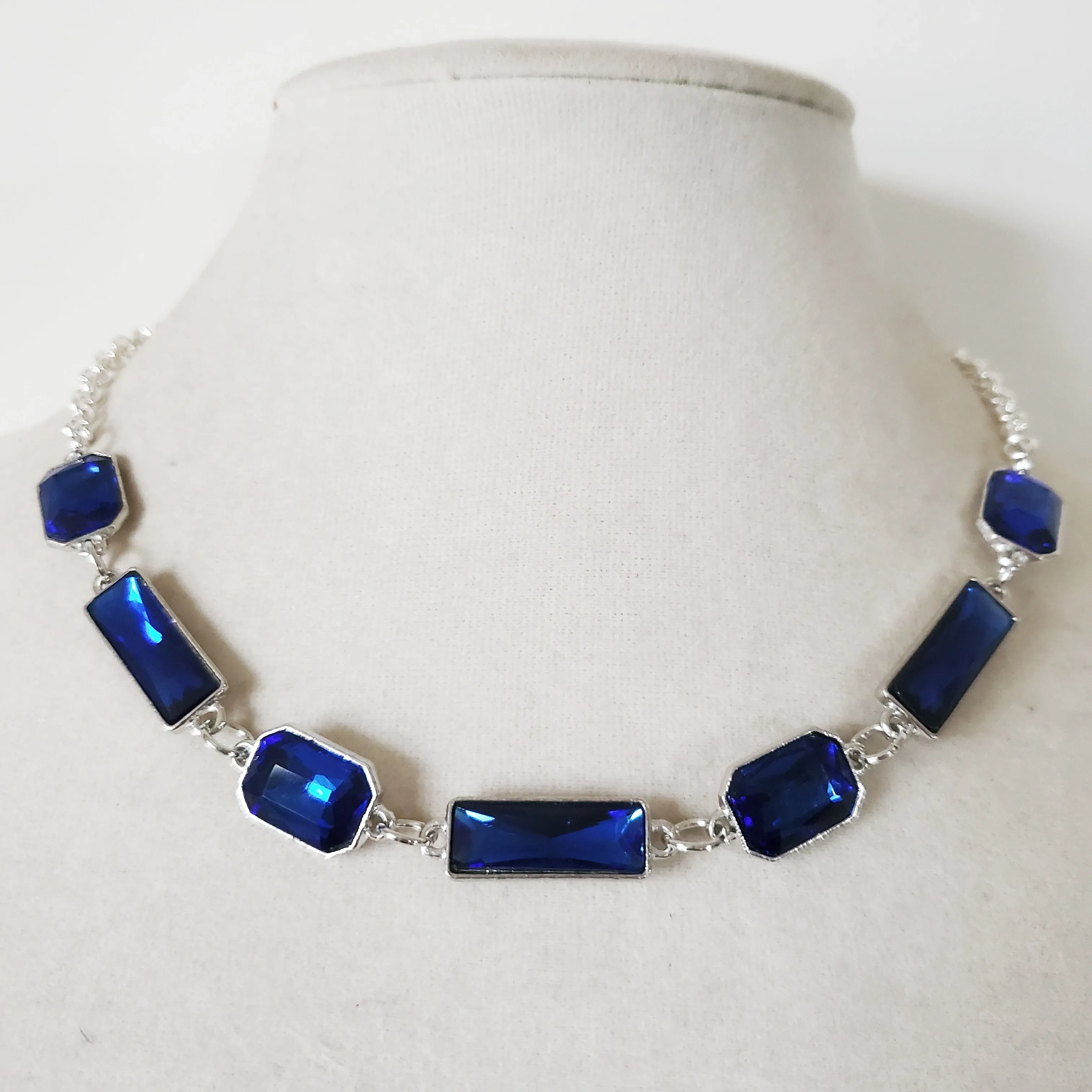 Emerald Cut Rhinestone Necklace in Green or Blue
