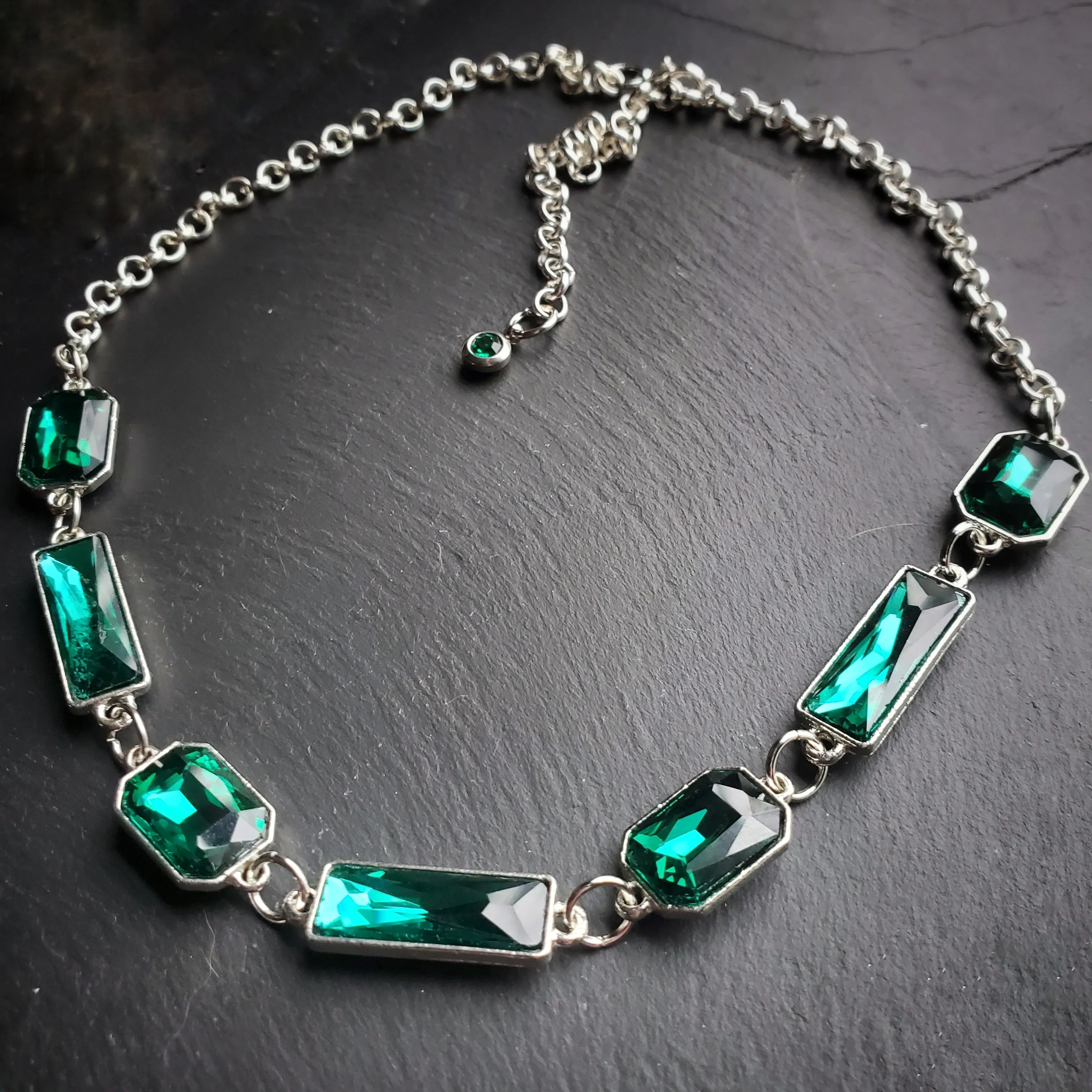 Emerald Cut Rhinestone Necklace in Green or Blue