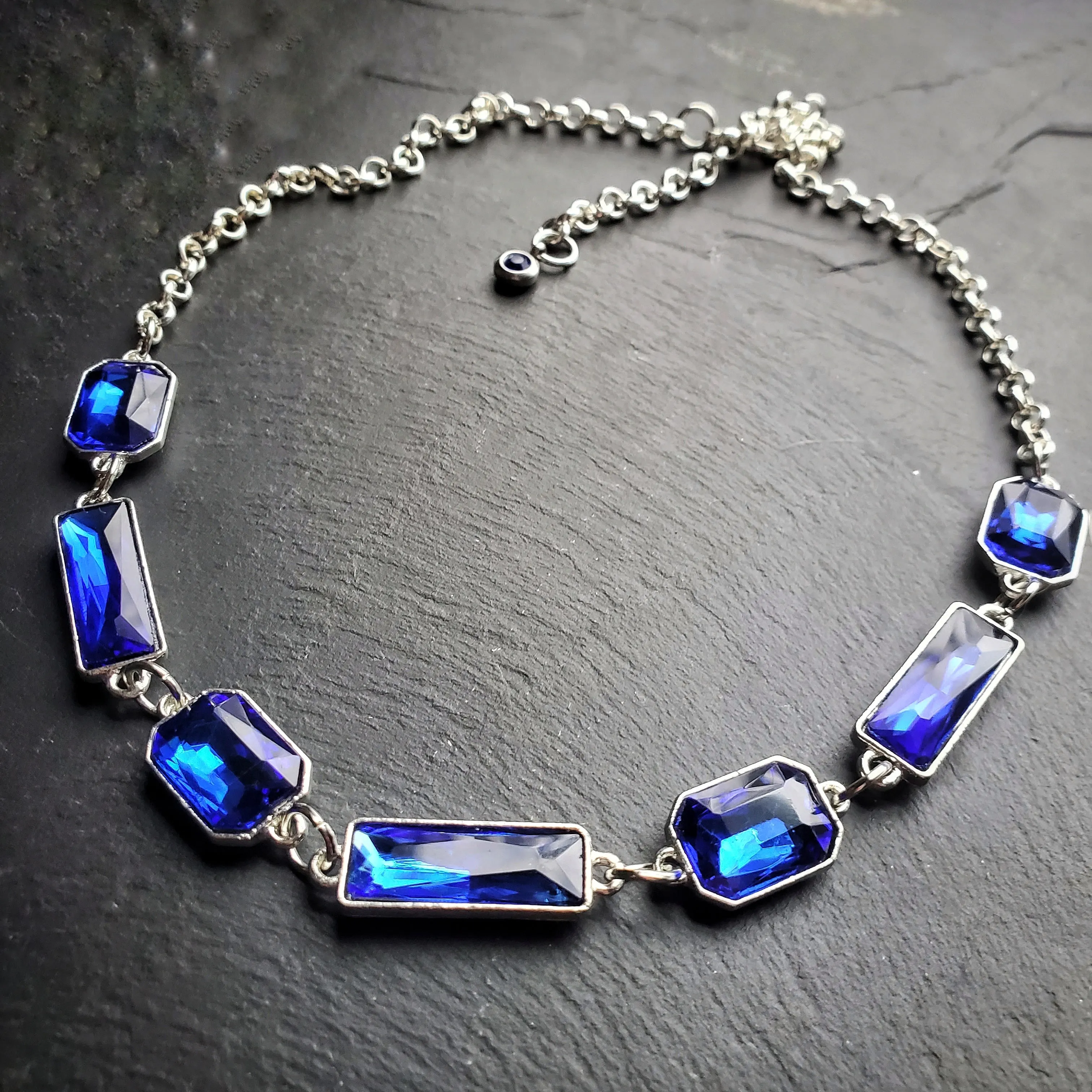 Emerald Cut Rhinestone Necklace in Green or Blue