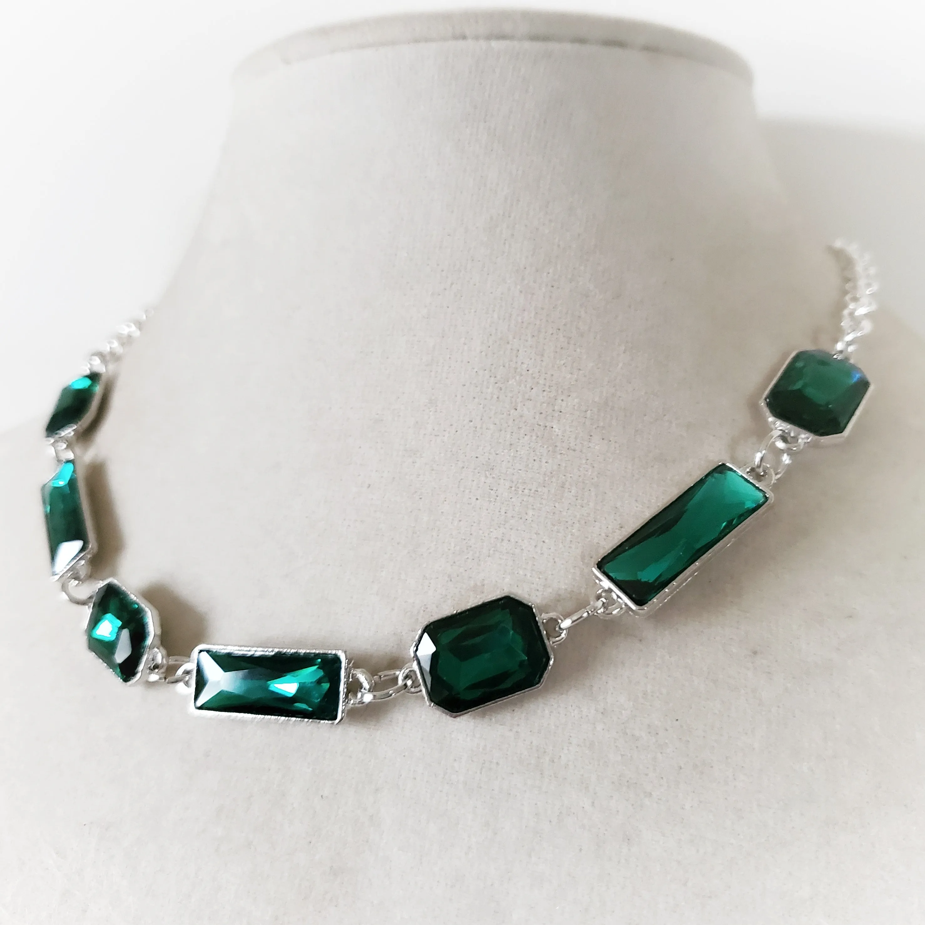 Emerald Cut Rhinestone Necklace in Green or Blue