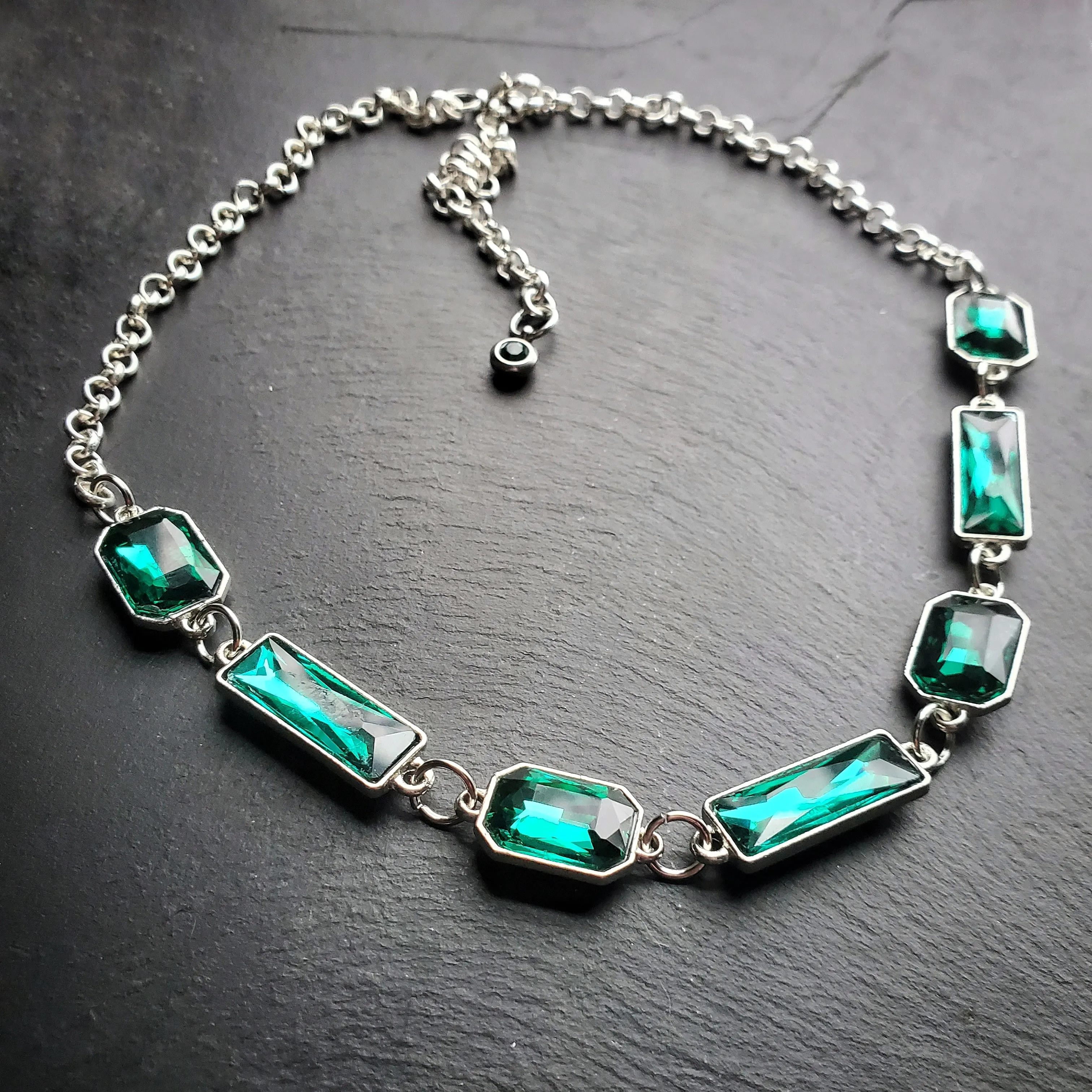 Emerald Cut Rhinestone Necklace in Green or Blue