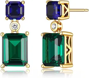 Emerald Earrings 18K Gold Plated Trendy Dainty Cute Blue Green Gemstone Dangle Earrings for WomenJewelry Rose Box Earring Gifts for Her Woman Wife Mom