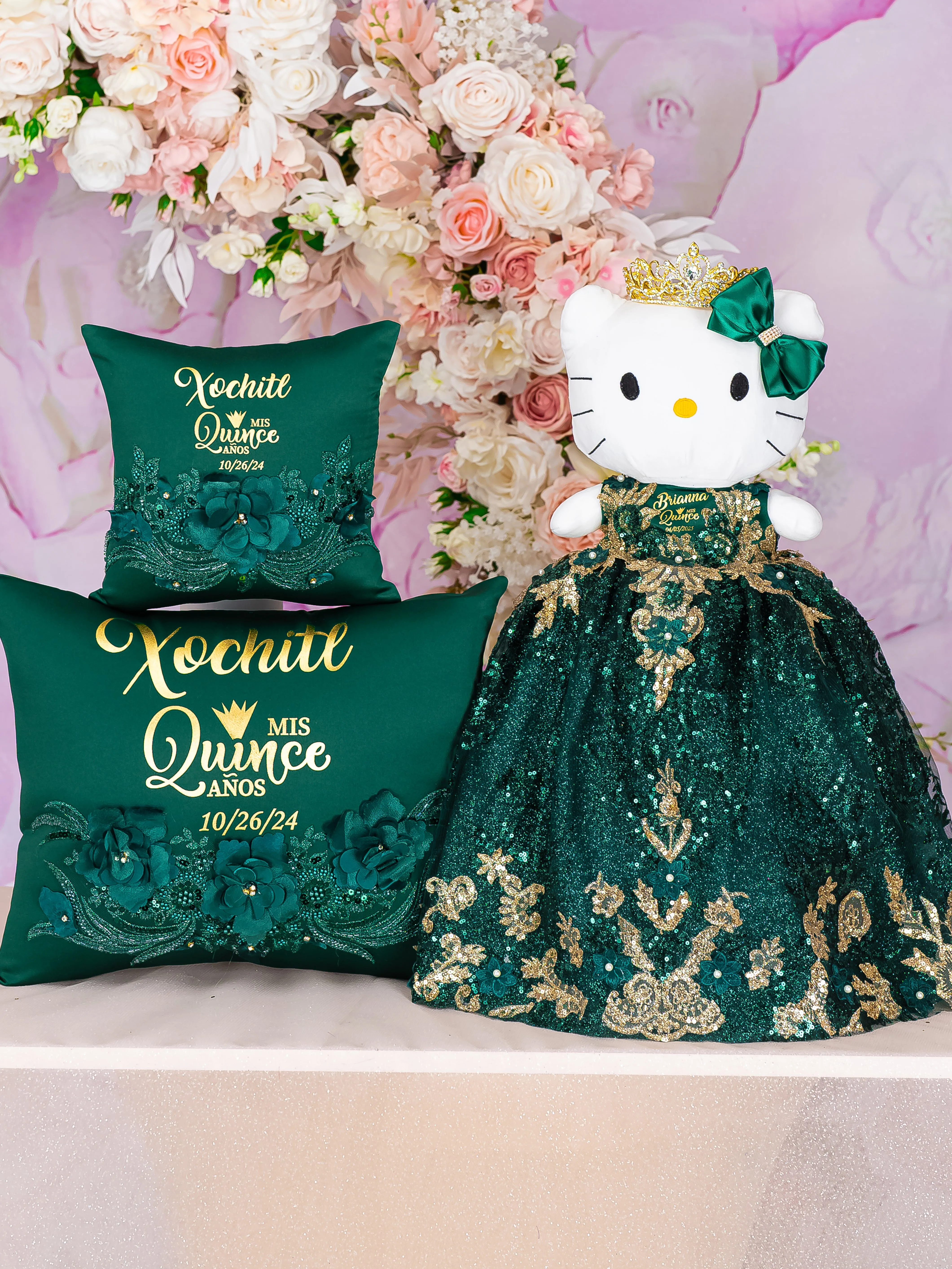 Emerald green with gold Kitty for quinceanera