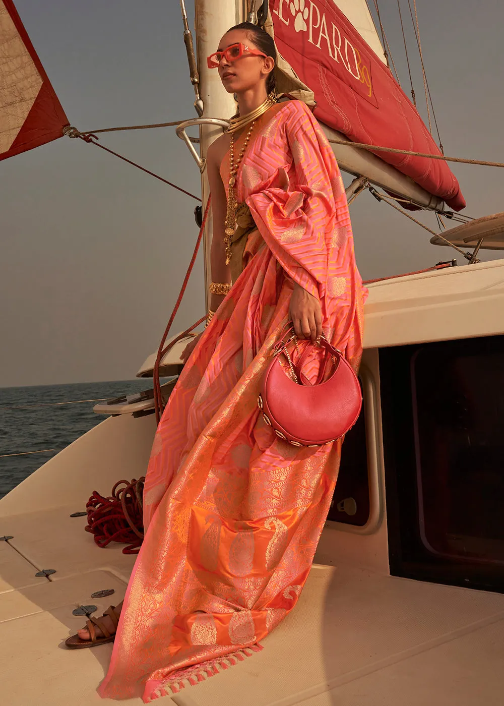 Fabulous Pink-Orange Pure Satin Silk Two Tone Weaving Saree