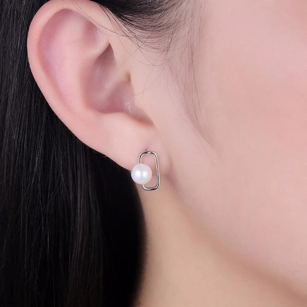 Fashionable 925 Sterling Silver Geometric Design Simulated Pearl Stud Earrings for Women