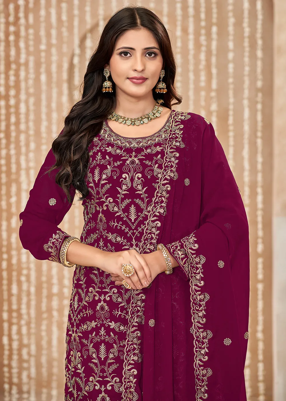 Festive Style Magenta Zari Embroidered Salwar Suit
