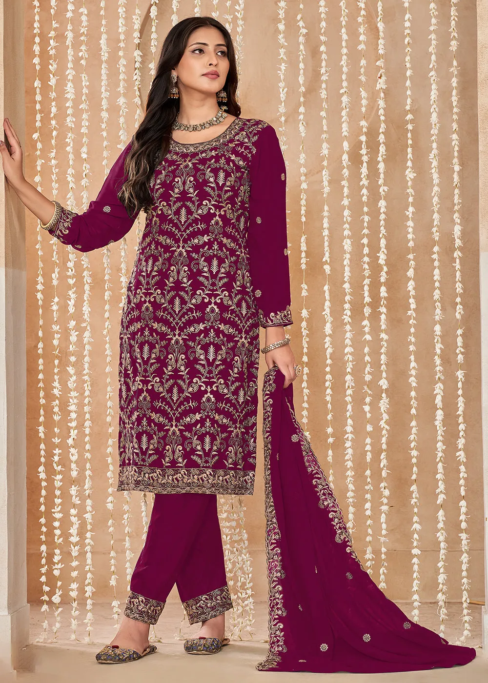Festive Style Magenta Zari Embroidered Salwar Suit