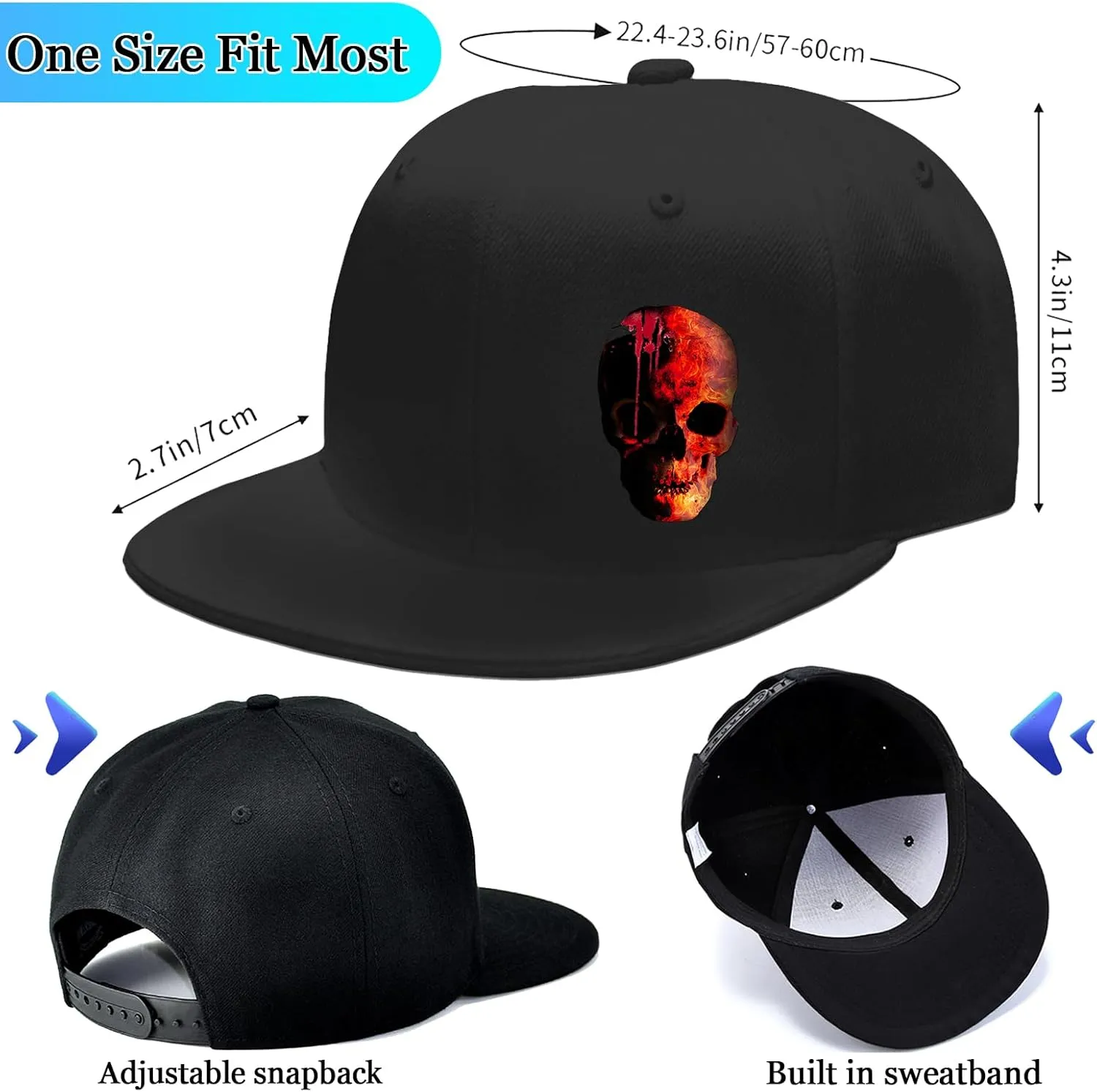 Flat Bill Hats for Men Snapback Hats Skull Skeleton Hat Flat Brim Fitted Hat Adjust Black Baseball Caps for Men