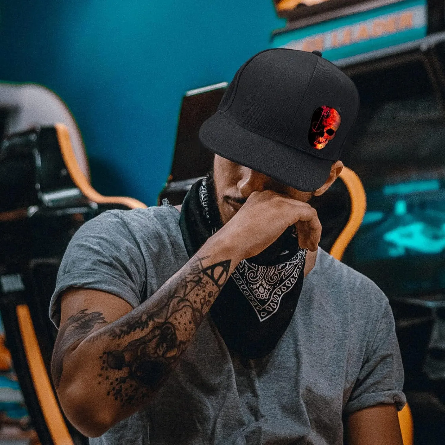 Flat Bill Hats for Men Snapback Hats Skull Skeleton Hat Flat Brim Fitted Hat Adjust Black Baseball Caps for Men